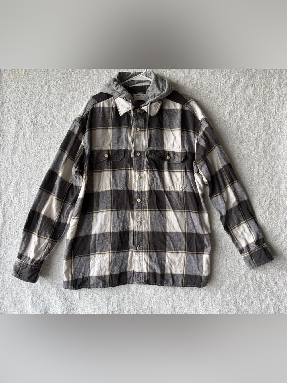 American Eagle Outfitters Gray and White Plaid Hooded Button-Down Shirt